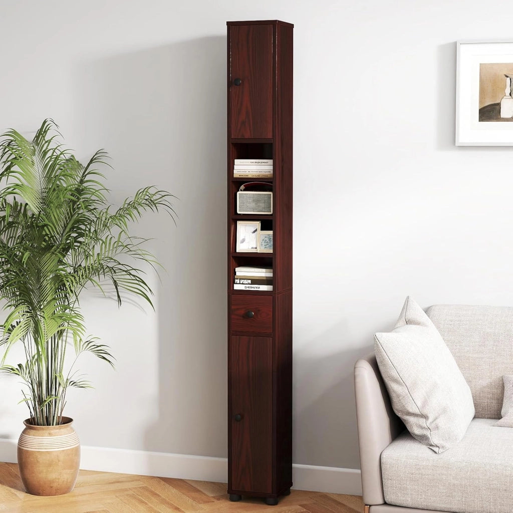 Mobile Bagno Alto Stretto, Mobiletto Colonna Salvaspazio con 1 Cassetto, 5 Ripiani Regolabili e Struttura Antiscivolo, Mobile a Terra per Ingresso, 20 x 20 x 180 cm (4 Ripiani, Marrone)