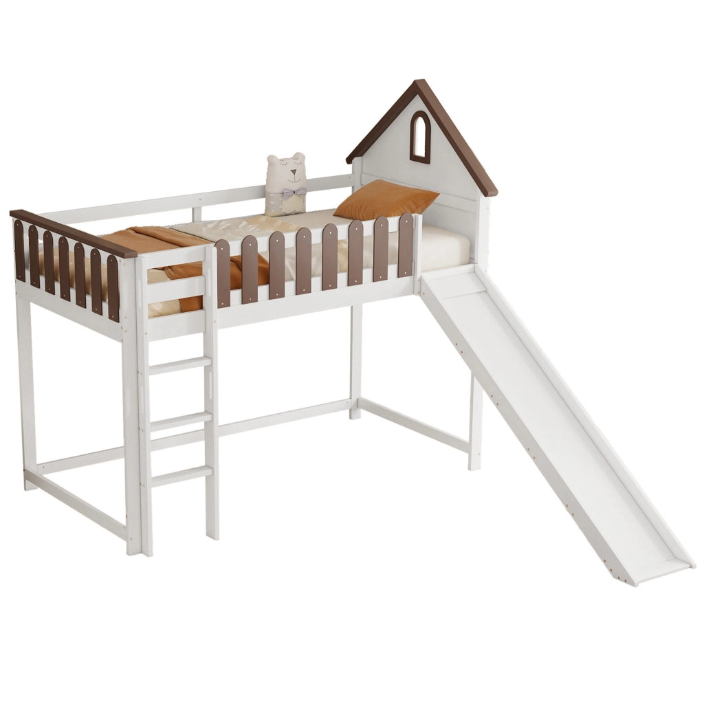 Letto a Soppalco con Scivolo, Tetto e Finestra ¨C MINIMAL ¨C Pino e MDF, Bianco/Noce, 90x200cm