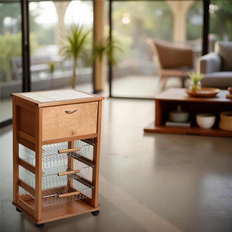 CARRELLO VESUVIO PORTAPANE ROVERE IN FAGGIO BASE INFERIORE MULTISTRATO DI BETULLA 1 CASSETTO 3 CESTELLI PIANO MATTONELLE IN CERAMICA