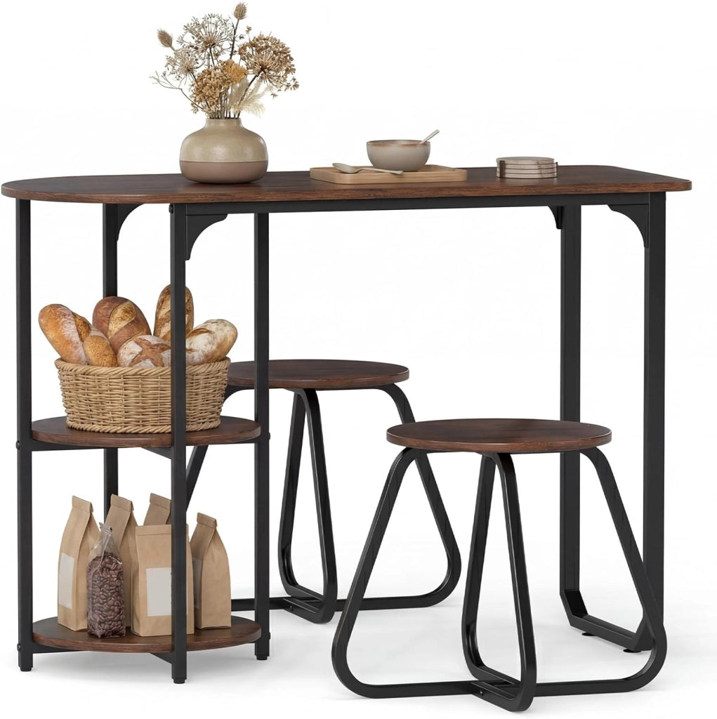 Set da pranzo con tavolo e 2 sgabelli, tavolo da pranzo con 2 ripiani, 110 x 45 x 78 cm, tavolo rettangolare da cucina per piccoli spazi, cucina, soggiorno (marrone)
