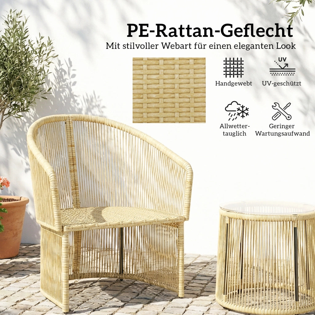 Set bistrot in rattan a 3 pezzi: tavolo rotondo di vetro; poltrone e cuscini; crema bianca