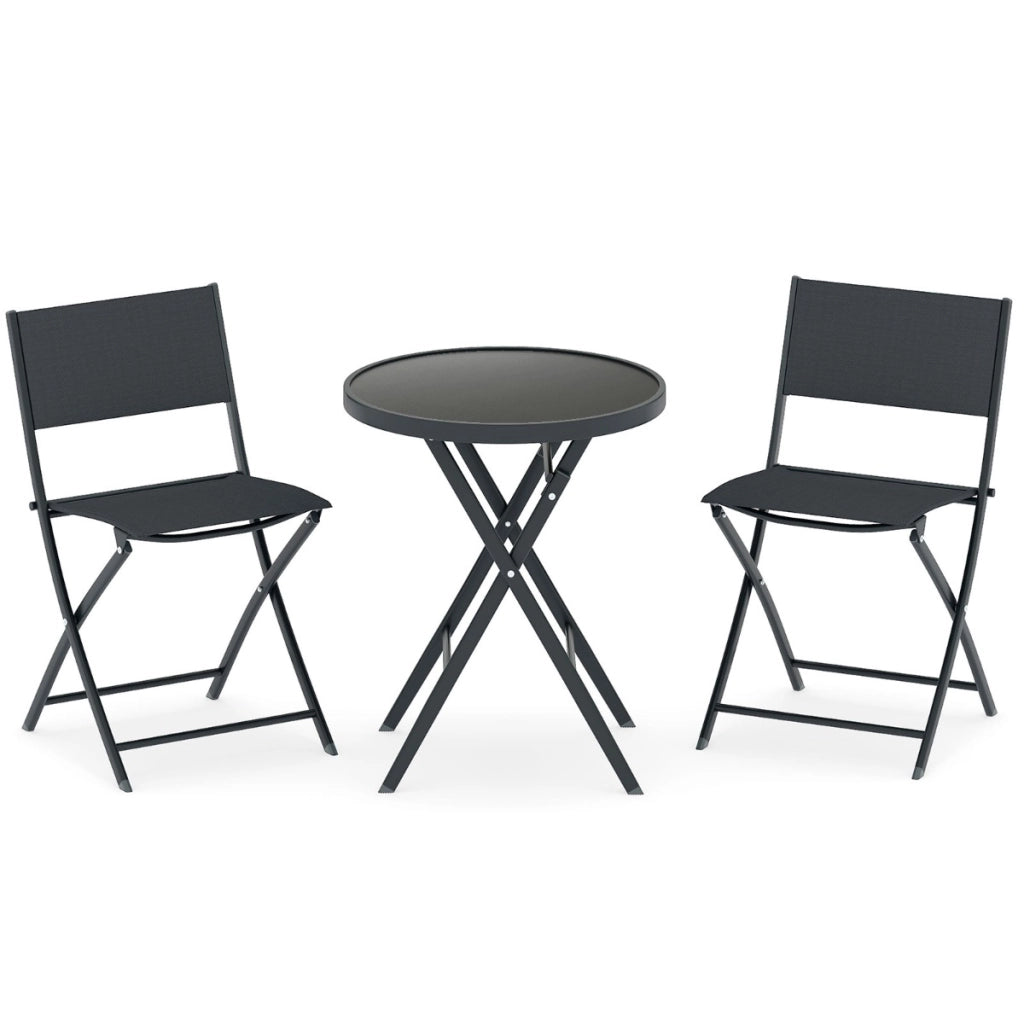 Set di 3 bistro pieghevole mobili da pranzo con sedili in tessuto traspirante e piano, Tavolo e sedie da esterno con struttura-Set mobili da esterno