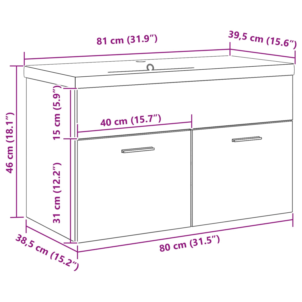 Mobile Lavabo con Lavabo Integrato Rovere Nero Legno Ingegnerizzato