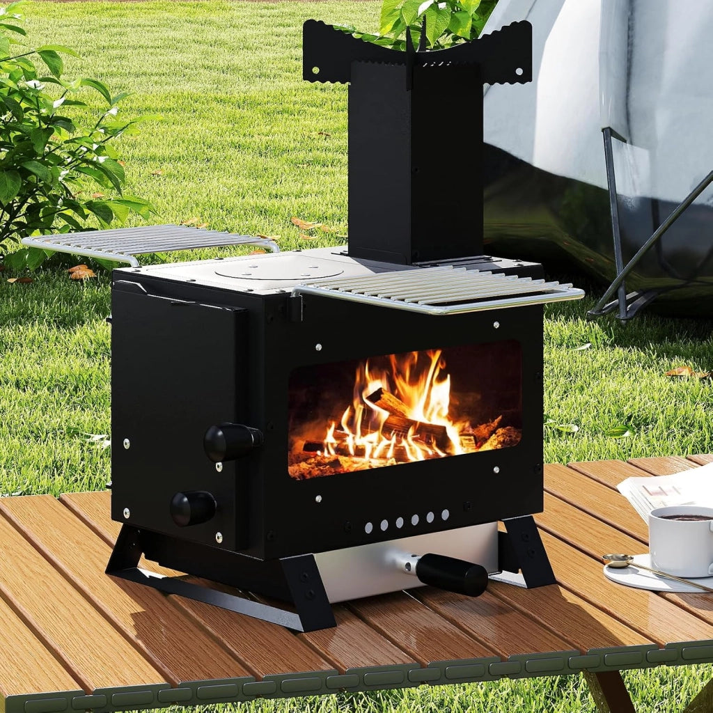 Barbecue a Carbonella, Stufa a Legna Portatile con Porta Pentole, Teglia da Forno e 2 Griglie, Grill da Esterno per Campeggio e Viaggio in Camper, Escursioni, 54 x 36 x 44 cm