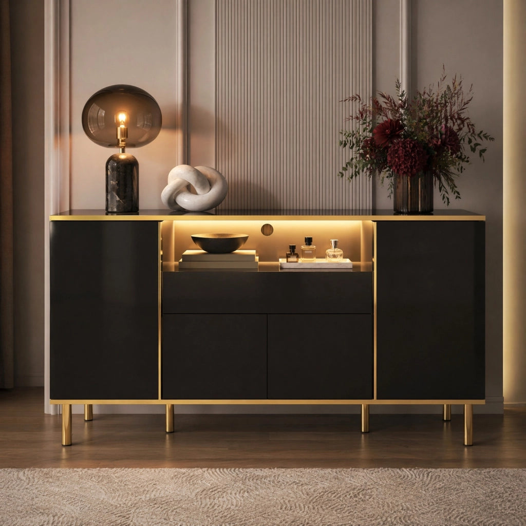 Credenza a 4 ante con 1 cassetto e LED, finitura nero lucido con dettagli dorati e vano capiente 150 × 40 × 80 cm