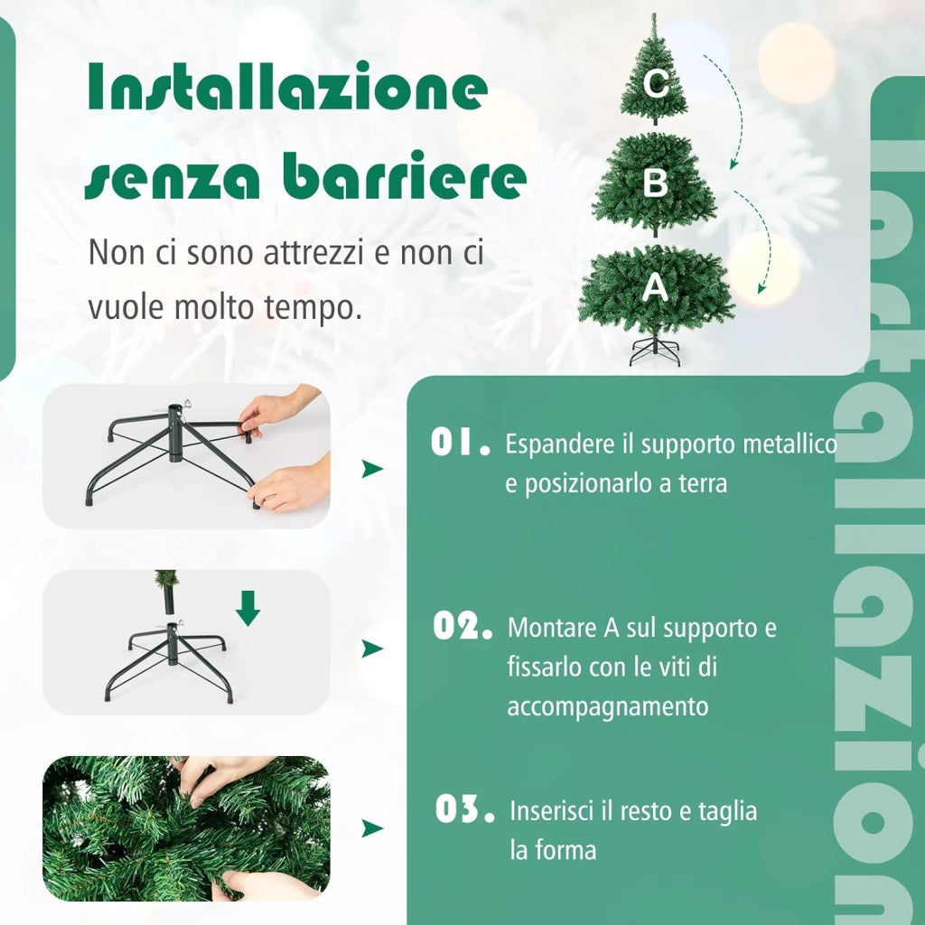 Albero di Natale 180/225 cm, Albero di Natale Realistico con 1000/1346 Rami Densi e Base in Metallo con Cuscinetto Antiscivolo, Albero di Natale Artificiale per Casa e Negozio (180 CM)