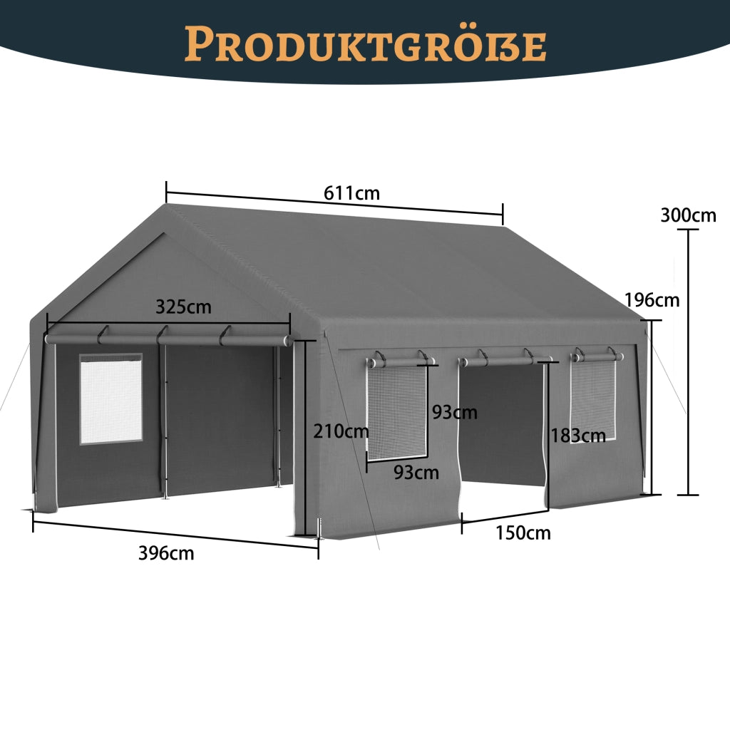 Garage Tenda Da Esterno Grigio 611 X 396 X 300 Cm In PE E Ferro Per Auto E Deposito Con Finestre E Ventilazione