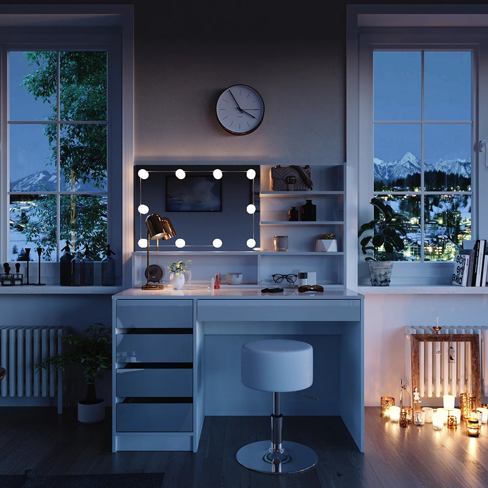 Vicco Tavolo da toeletta Bianco 120 cm con illuminazione a LED, sgabello e ripiano a specchio