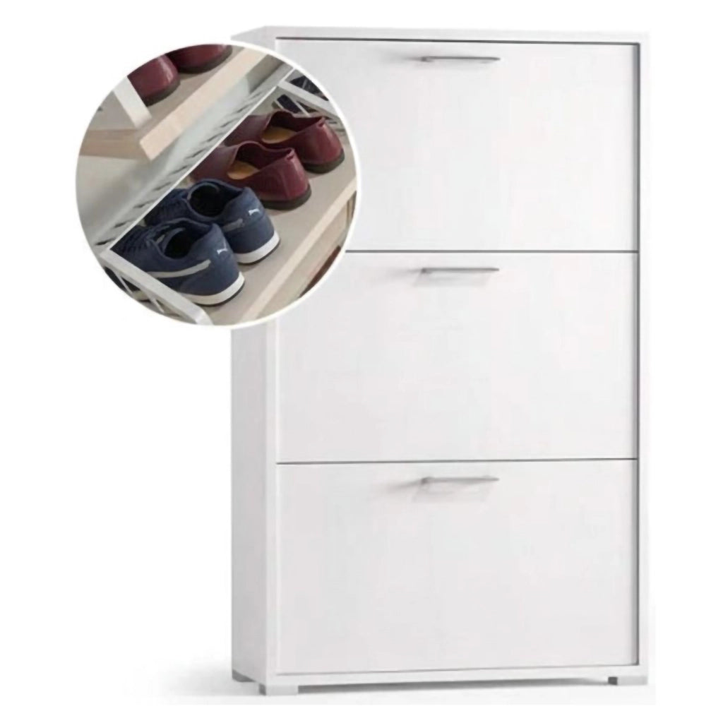 Scarpiera Amelisa, Mobile multiuso da ingresso con 3 ante a ribalta, Armadietto portascarpe moderno, Made in Italy, Cm 67x18h112, Bianco