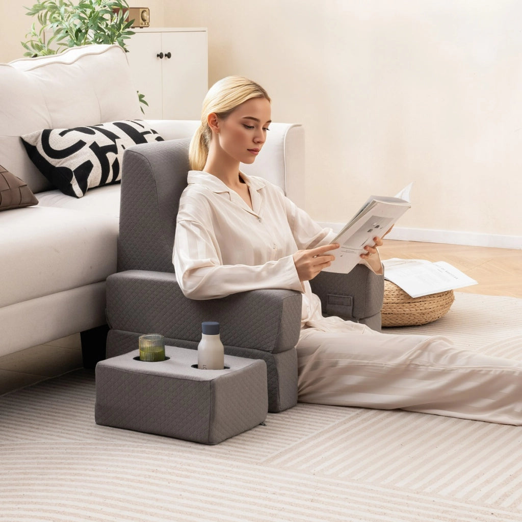 Cuscino a cuneo ergonomico con appoggio per braccia per letto e divano, Set 3 cuscini da lettura con portabicchieri Grigio-Arredo letto