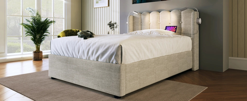 DESMIU Lit simple 90 × 200 cm con lampada da lettura, USB, vano contenitore, materasso incluso, in lino, beige