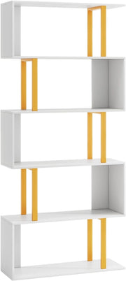 Scaffale Libri a Forma S con 5/6 Ripiani | Struttura Ibrida Legno/Metallo + Kit Antiribaltamento | Libreria Moderna per Soggiorno, Ufficio e Camera | Design Spazioso & Sicuro (Max 50kg)