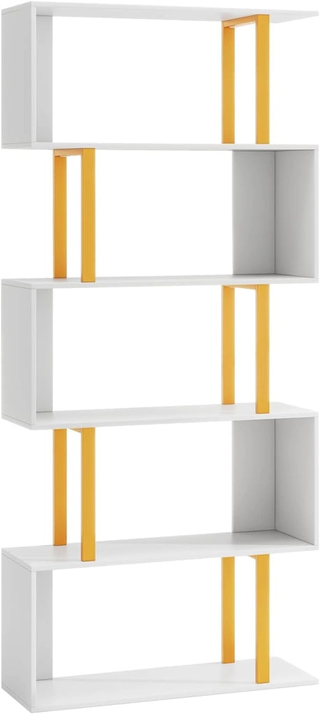 Scaffale Libri a Forma S con 5/6 Ripiani | Struttura Ibrida Legno/Metallo + Kit Antiribaltamento | Libreria Moderna per Soggiorno, Ufficio e Camera | Design Spazioso & Sicuro (Max 50kg)