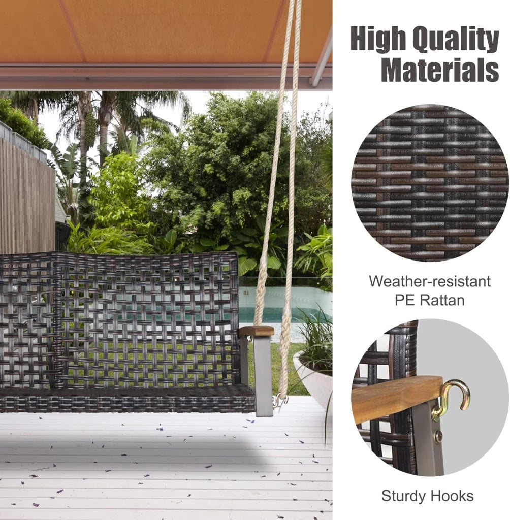 Altalena in vimini per 2 persone in rattan PE con schienale curvo per esterni, corde resistenti, capacità di carico di 360 kg, per terrazza, patio, giardino, balcone