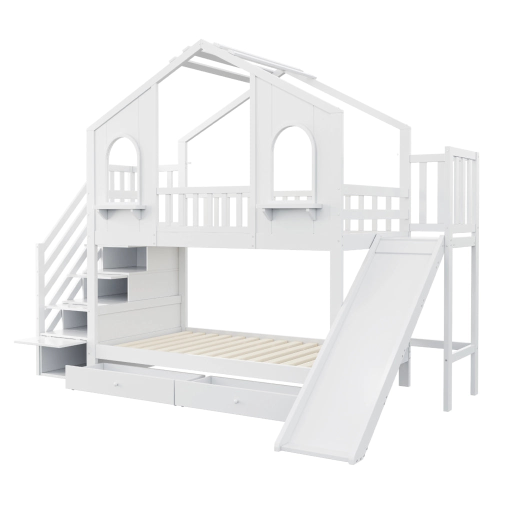 Letto a Castello 90x200 cm; Casa con Scivolo; Scala contenitore; Cassetti; Bianco
