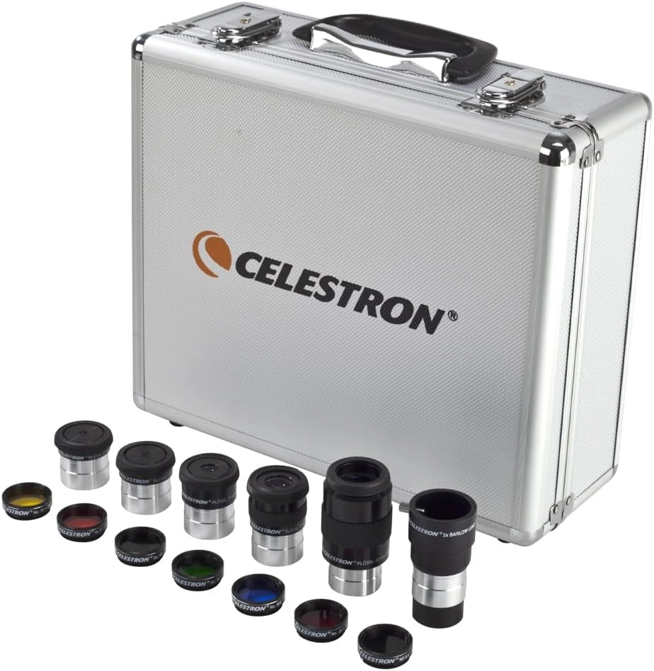 Celestron 94305 Kit oculare e filtri da 2”, 12 pezzi - diagonale a specchio 2", adattatore diagonale, 3 oculari E-lux 2”, lenti di Barlow 2X, 5 filtri colorati e custodia rigida in alluminio, argento