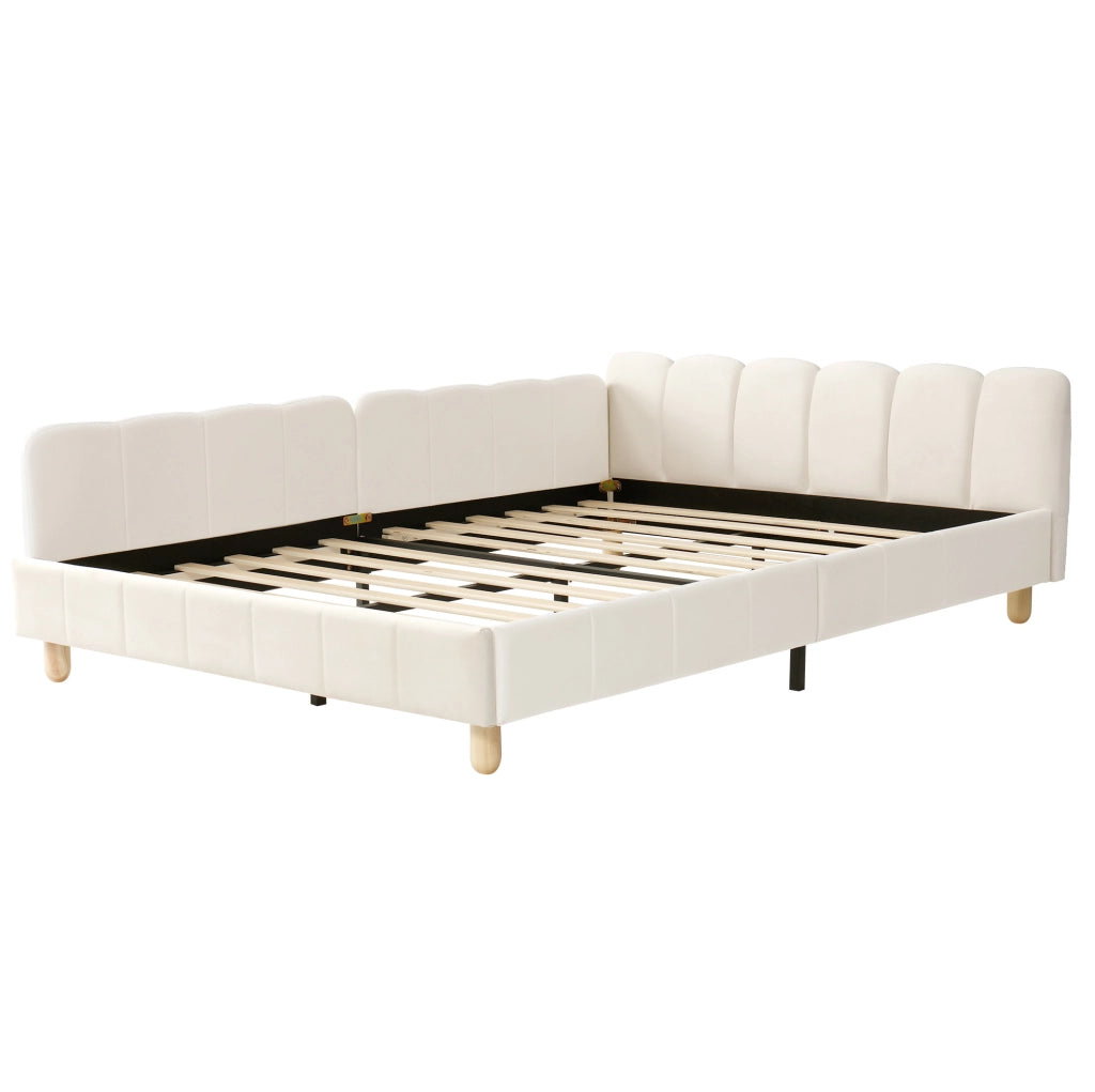Letto per bambini 140x190 cm in velluto beige con testiera ergonomica e tasche laterali