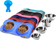 Due contenitori per animali domestici in acciaio inossidabile, resistente alle cadute, con panno antiscivolo in silicone e cucchiaio per alimenti per cani, gatti e cuccioli.