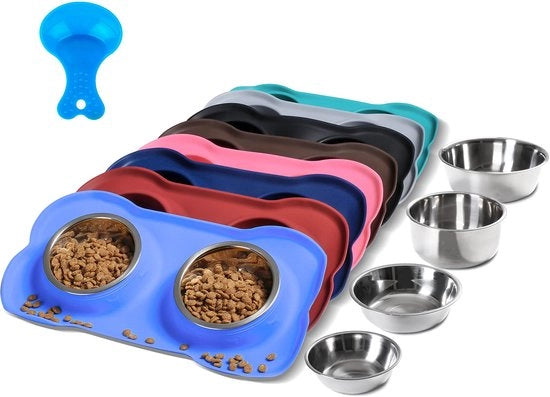 Due contenitori per animali domestici in acciaio inossidabile, resistente alle cadute, con panno antiscivolo in silicone e cucchiaio per alimenti per cani, gatti e cuccioli.
