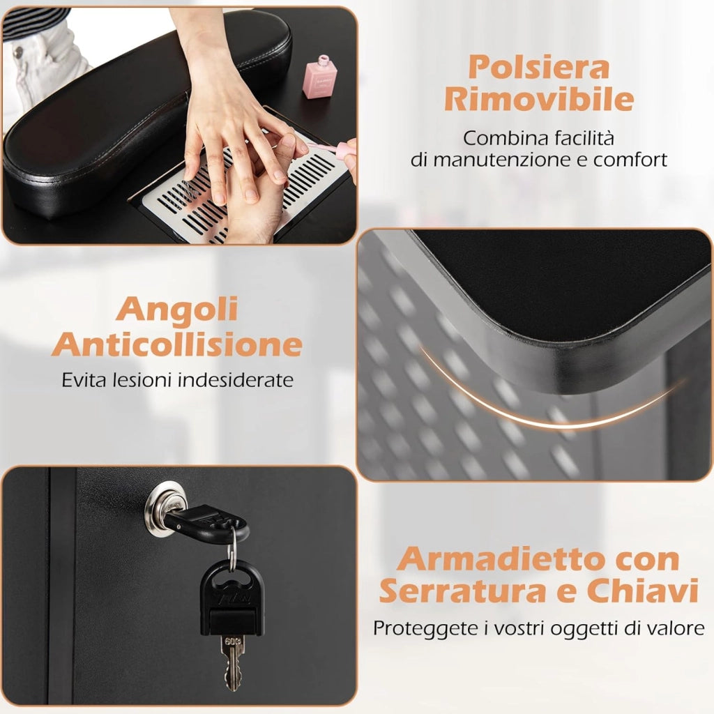 Tavolo Manicure con Aspiratore, Tavolo per Unghie con 6 Ruote Bloccabili, Sacchetti per Polvere, Armadio Chiudibile con 4 Vassoi, Poggiapolsi, Lampada LED e Cestino Metallico, 90x79x45cm
