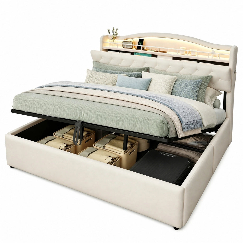 Letto imbottito 180x200 cm con contenitore idraulico, LED, USB e USB-C beige