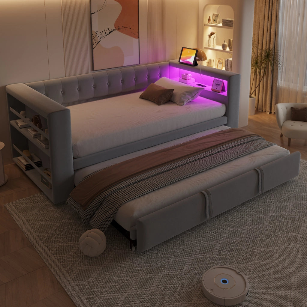 Divano letto 90/180x190 cm con LED multicolore, presa e vani contenitore grigio chiaro