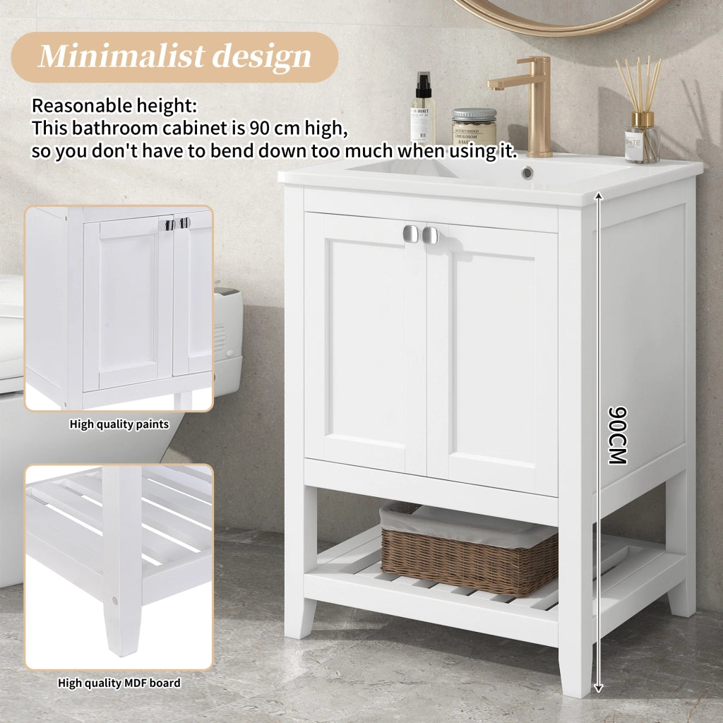 Mobile sottolavabo con lavabo in ceramica da bagno con base a pavimento in legno massello e MDF bianco 60 cm