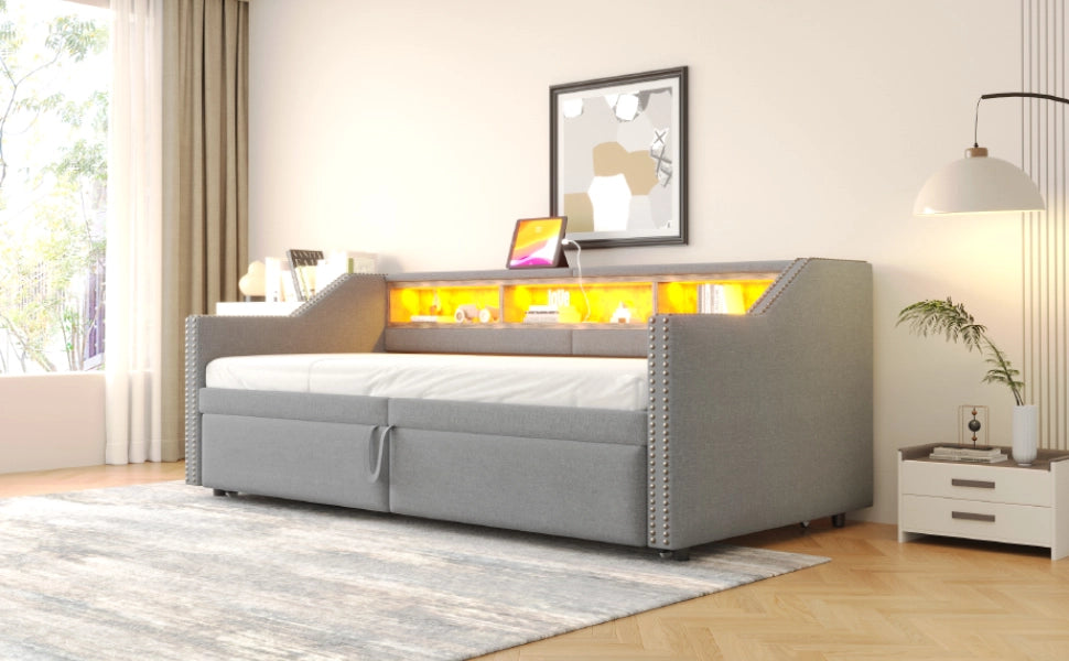 DESMIU Letto estraibile 90 × 200 cm 2 posti con USB, LED, ripiani e 180 × 200 cm, senza materasso