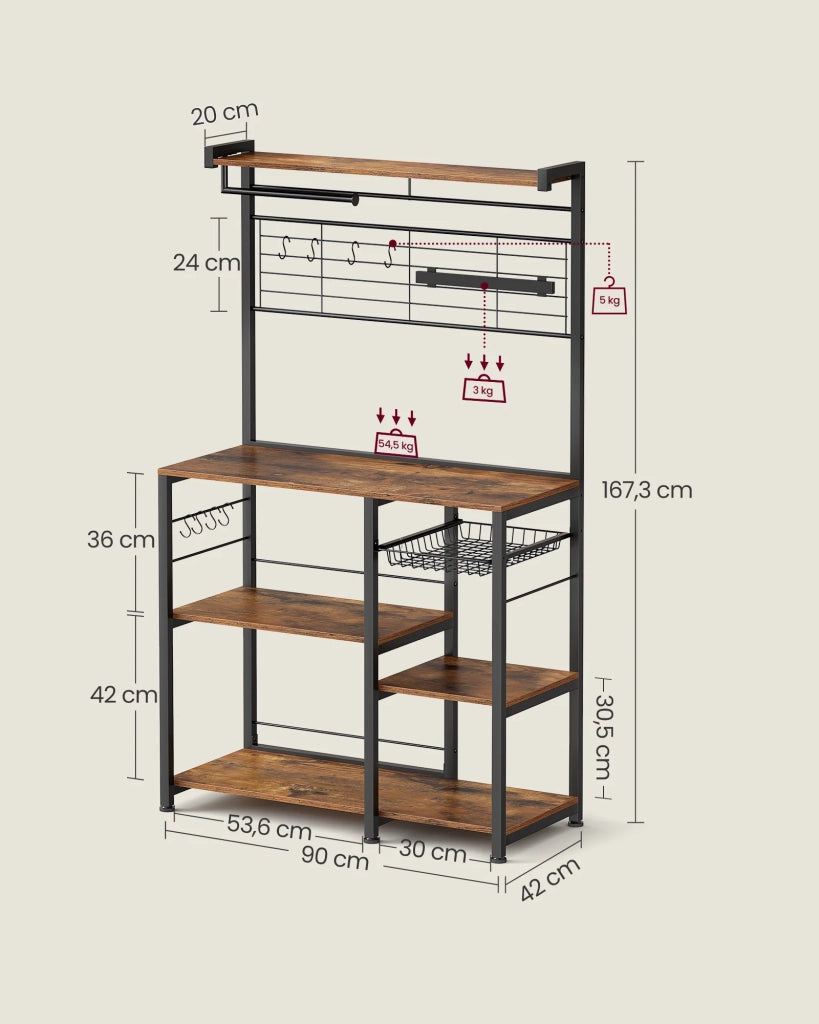 Mensola da cucina mobile contenitore isola da cucina 42 x 90 x 167,3 cm con portacoltelli magnetico cestino in metallo portarotolo di carta 12 ganci marrone 12_0005690