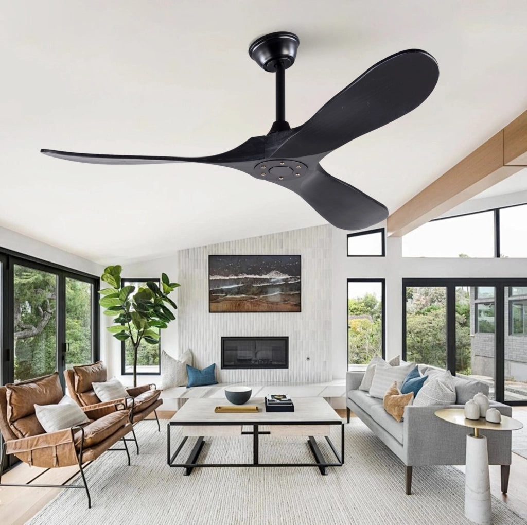 Ventilatore da soffitto 52" nero con 3 pale in legno di Paulownia, telecomando, 6 velocità