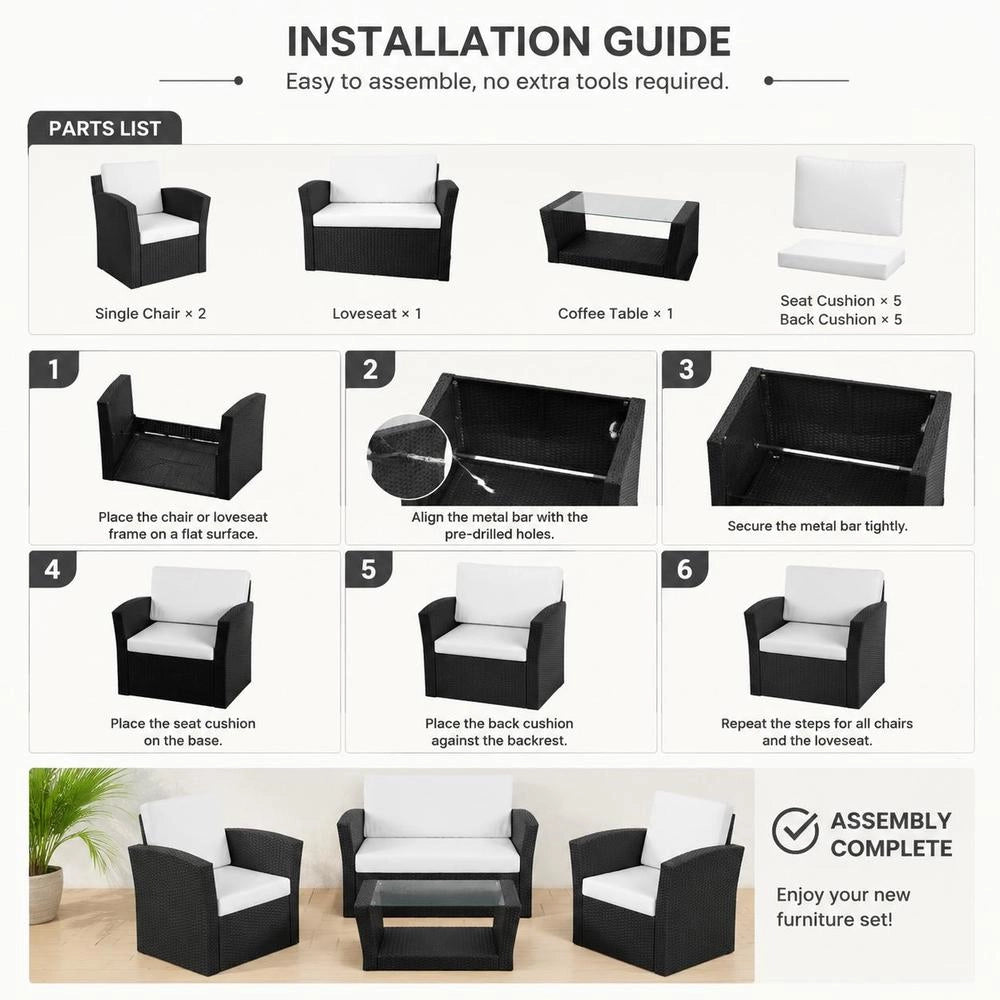 4-piece Garden Lounge Set With Cushions, Poly Rattan, Black