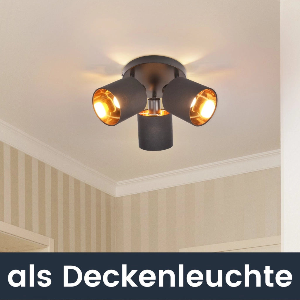 ZMH Faretto da soffitto neri retrò 3 luci E14 rotanti 350° paralume tessuto max 25W senza lampadina