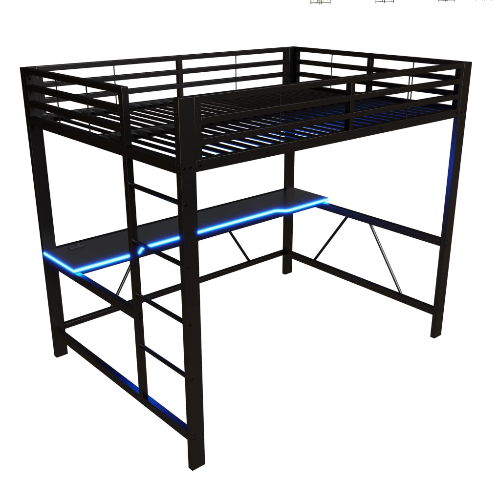 Letto a soppalco 140x200 cm con scrivania; LED e stazione di ricarica USB in metallo e MDF; nero