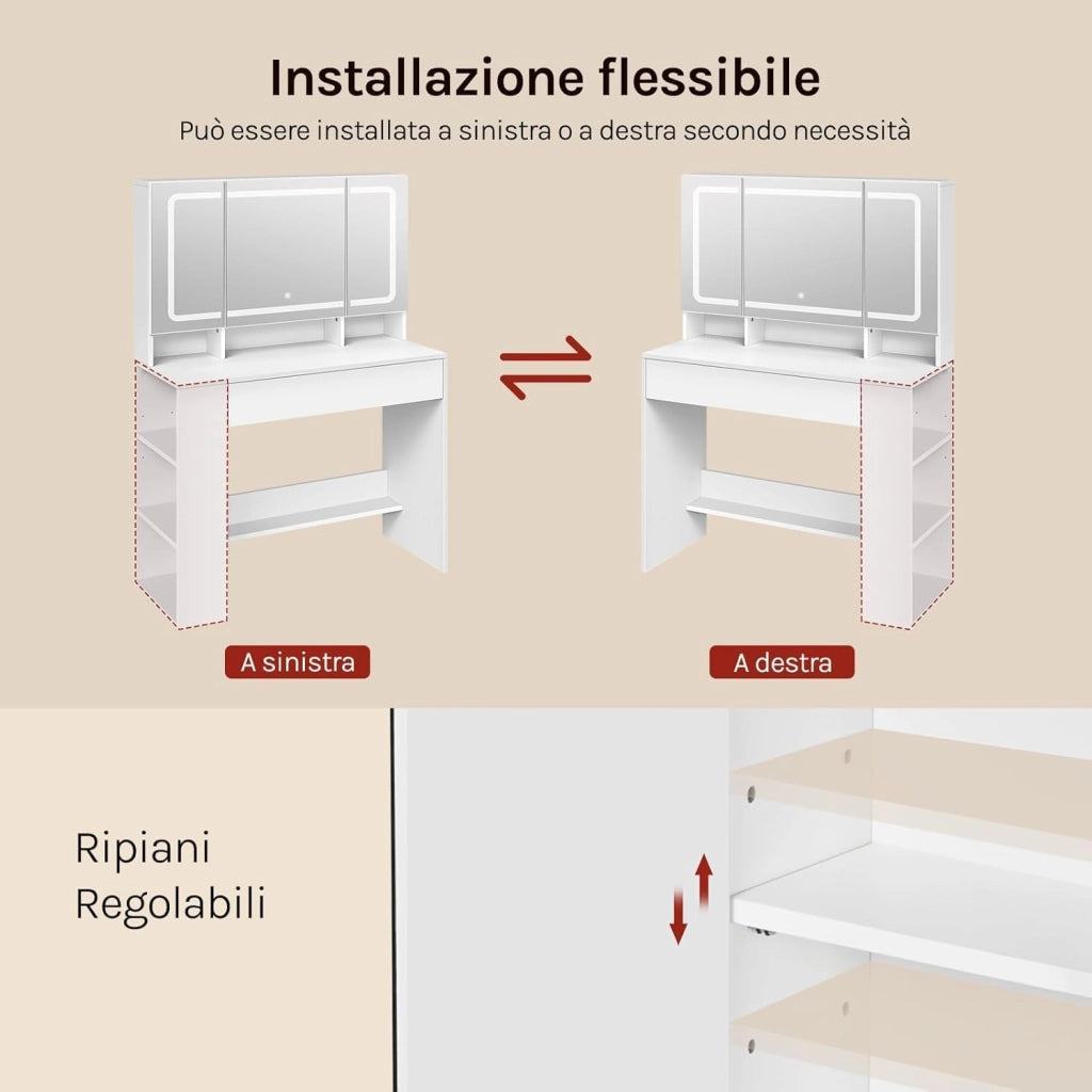 Toeletta con Specchio a LED, Luminosità Regolabile, Postazione Trucco con Scomparti Aperti e Ampio Cassetto, per Camera da Letto, Soggiorno, in Legno, Bianco, 90x40x135 cm