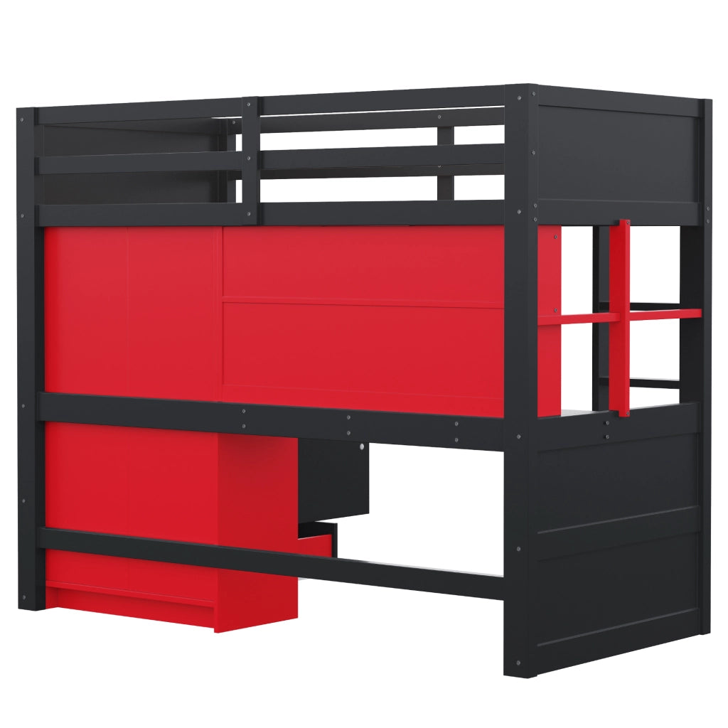 DESMIU Letto a soppalco 90 × 200 cm con scrivania, armadio, cassetti, LED, prese, senza materasso, nero e rosso