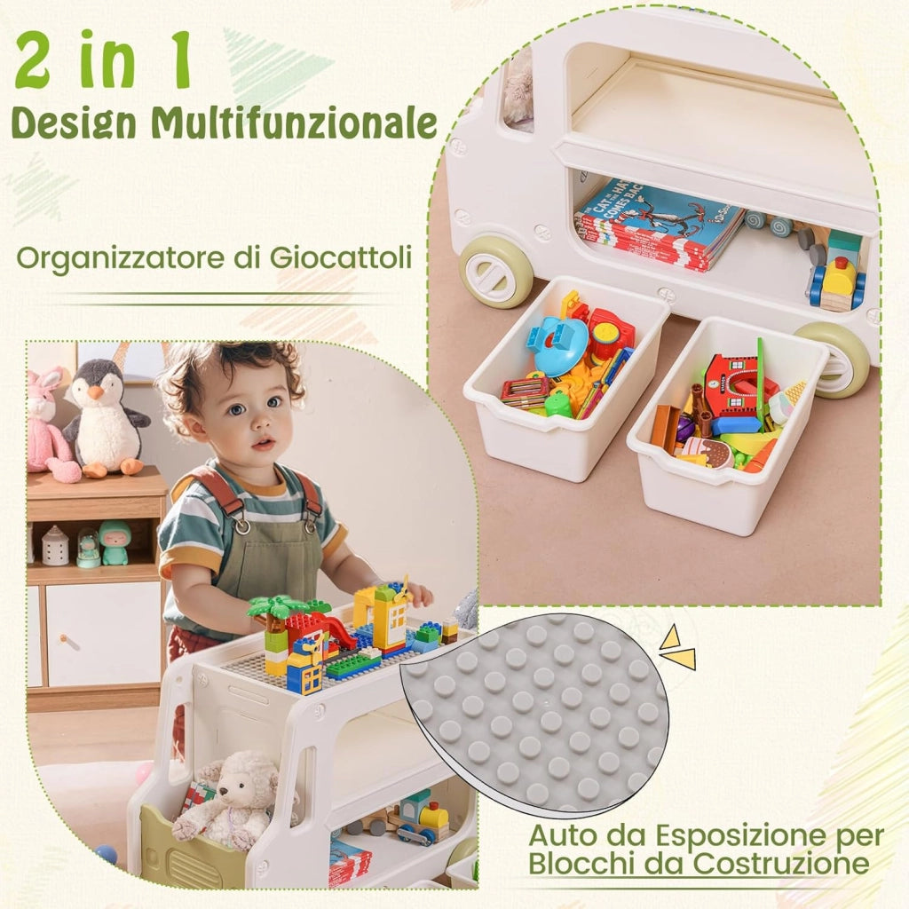 2 in 1 Organizzatore per Bambini, Armadietto Giocattoli a Forma di Auto con Struttura Sicura e 2 Cesti Portaoggetti, Scaffale Apribile a 2 Livelli, Pannello per Costruzioni