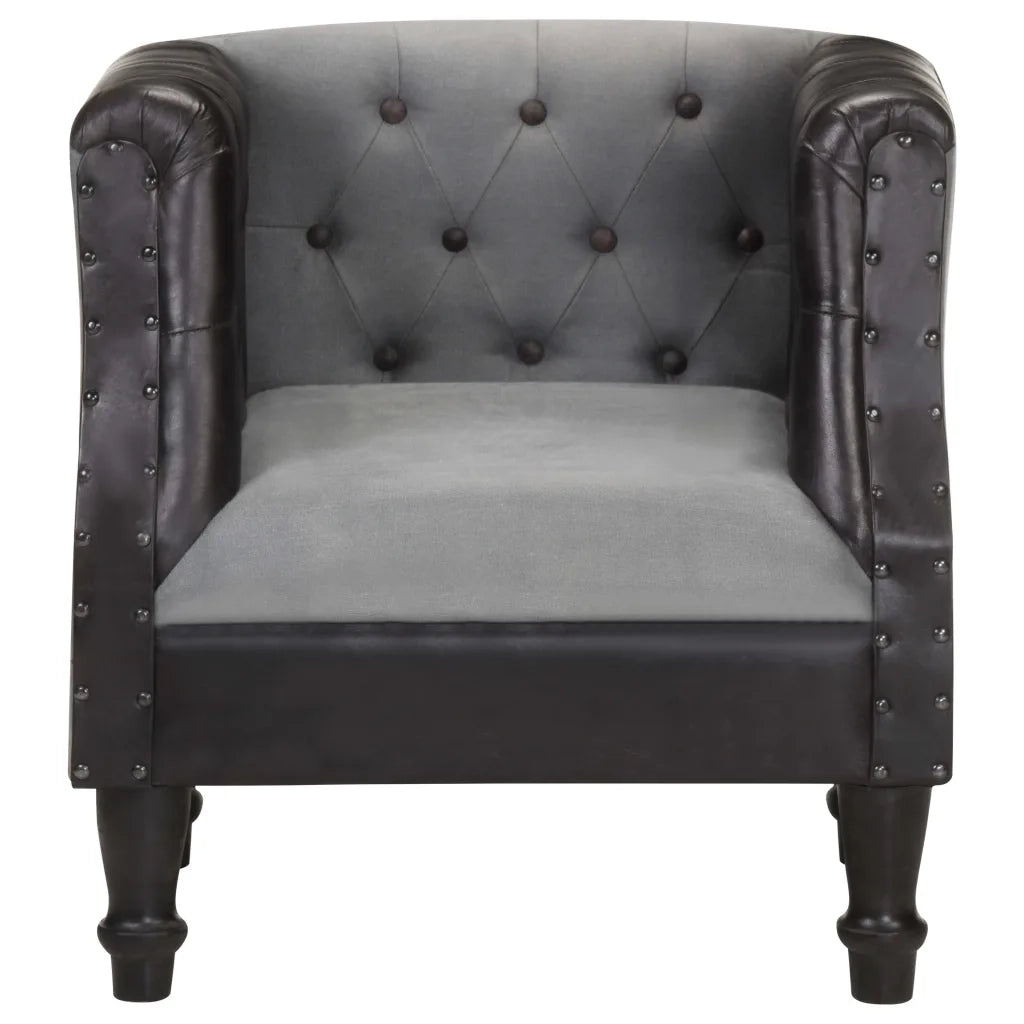 Poltrona a Pozzetto Nera in Vera Pelle e Legno Massello Mango 320606