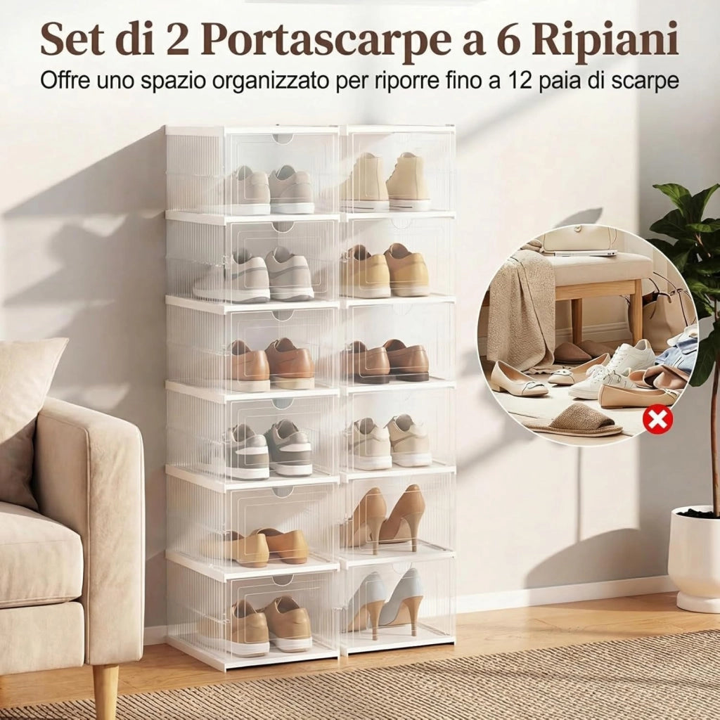 Scatole per Scarpe, Set di 2 Organizzatore per Scarpe a 6 Livelli, Scatole Pieghevoli in Plastica con Porta Frontale a Ribalta, Scarpiera Salvaspazio per Ingresso e Soggiorno