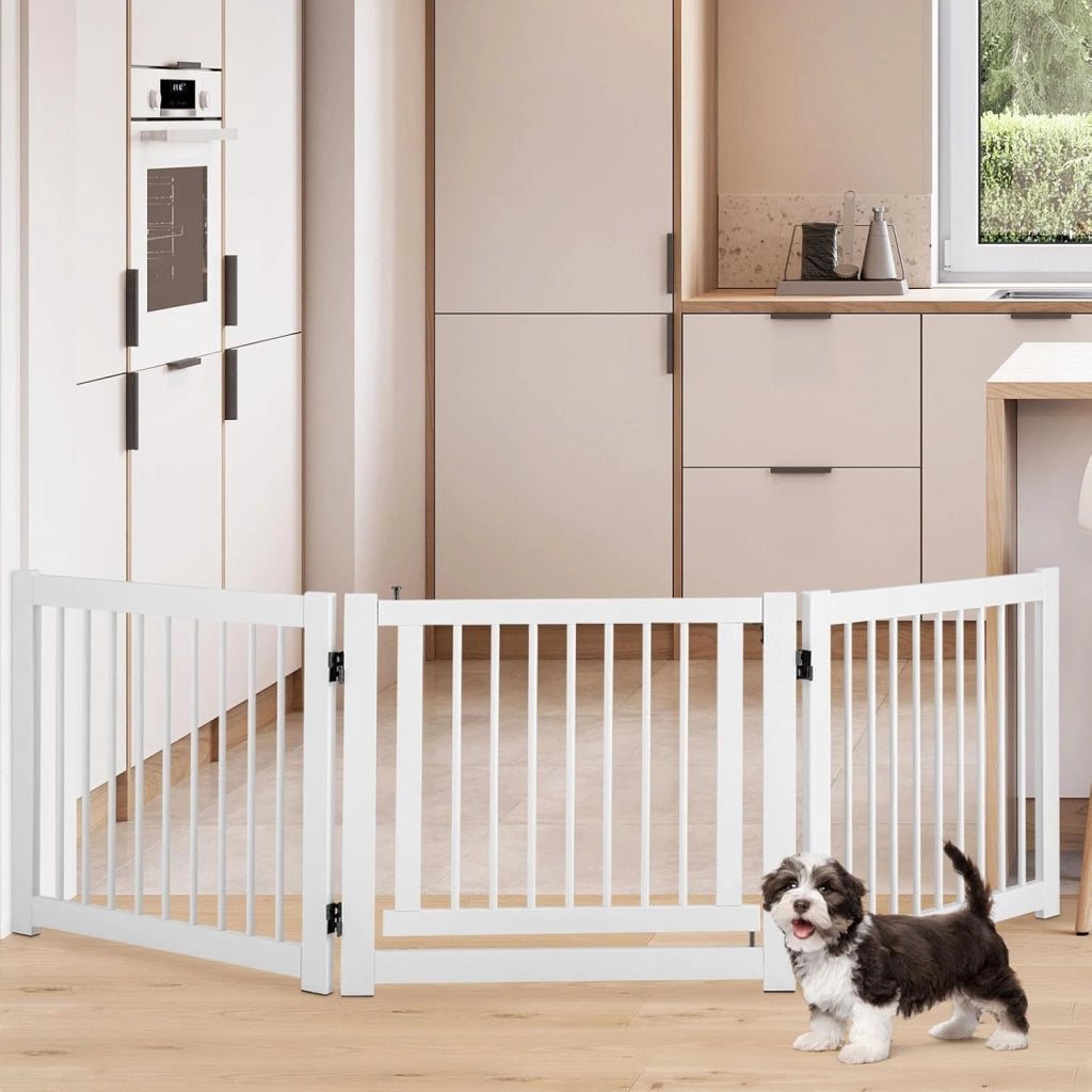 Cancelletto per Cani Pieghevoli 210 x 61 cm, Barriera per Cani in Legno a 3 Pannelli con Porta a Serratura, Recinzione per Scale, Ingressi e Corridoi (Bianco)
