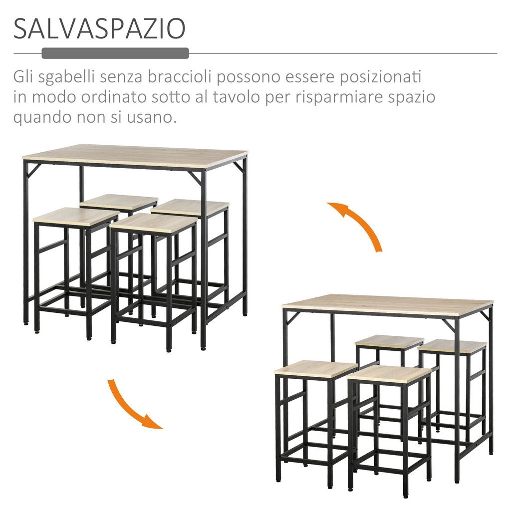 SET TAVOLO ALTO CON 4 SGABELLI STILE INDUSTRIALE IN METALLO E LEGNO