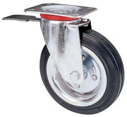 RUOTA A FORCELLA GIREVOLE + FERMO 80BIS AVO  A/ZINCR/GOMMA NERA D.MM 200X50 P.MM 140X110