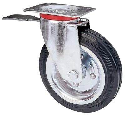 RUOTA A FORCELLA GIREVOLE + FERMO 80BIS AVO  A/ZINCR/GOMMA NERA D.MM 200X50 P.MM 140X110