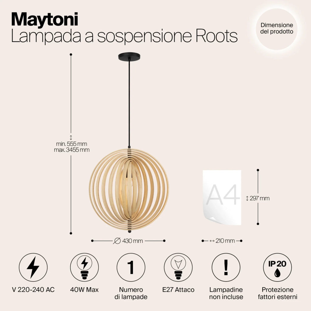 Maytoni lampada a sospensione moderna Roots 1 luce E27 nero metallo