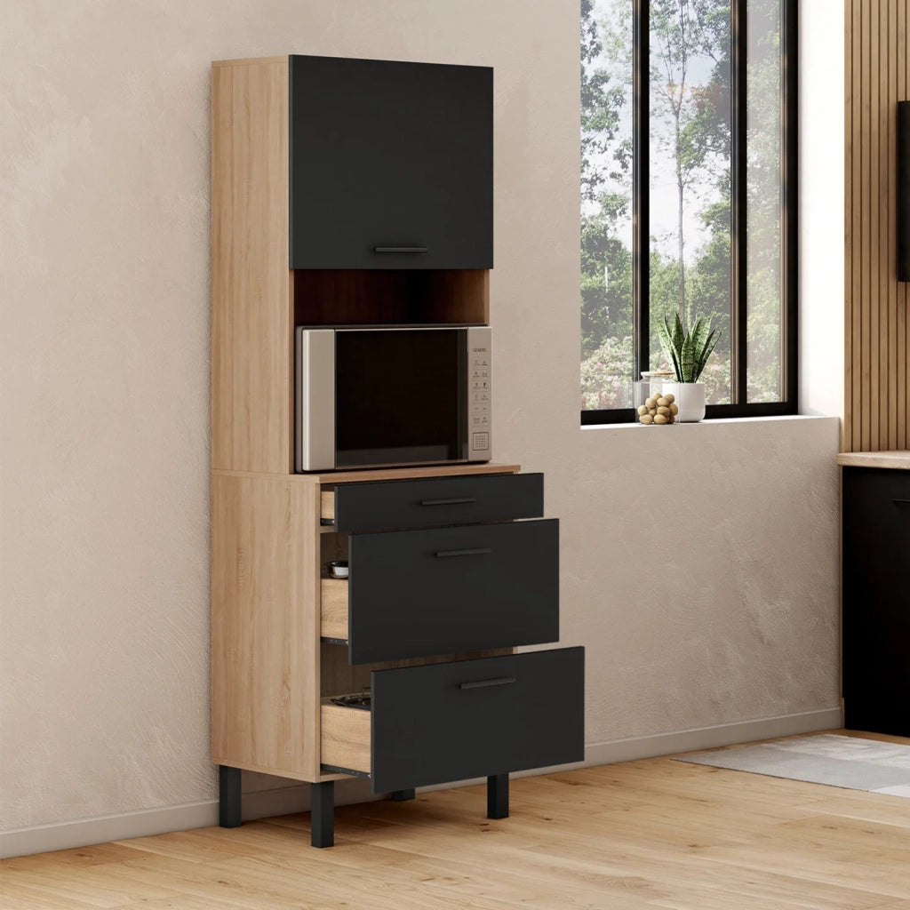 IDMarket - CINA Unità microonde e casseruola a 2 porte 60 cm, finitura faggio e nero