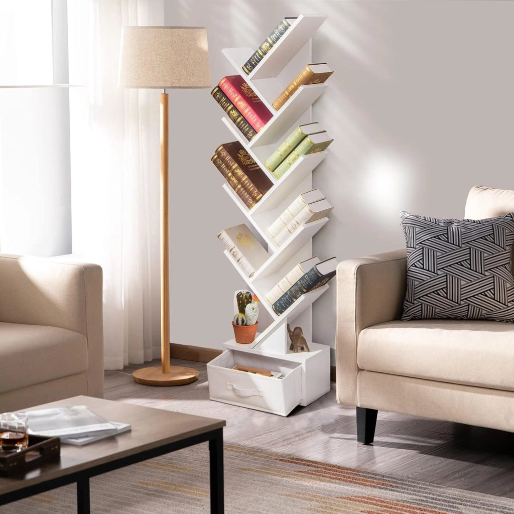 Libreria ad Albero, a 8 Ripiani, Scaffale per Libri con Cassetto Rimovibile, Design di Antiribaltamento, Organizzazione per CD, Riviste, Libri, 38x20x149,5 cm, 4 Colori (Marrone)