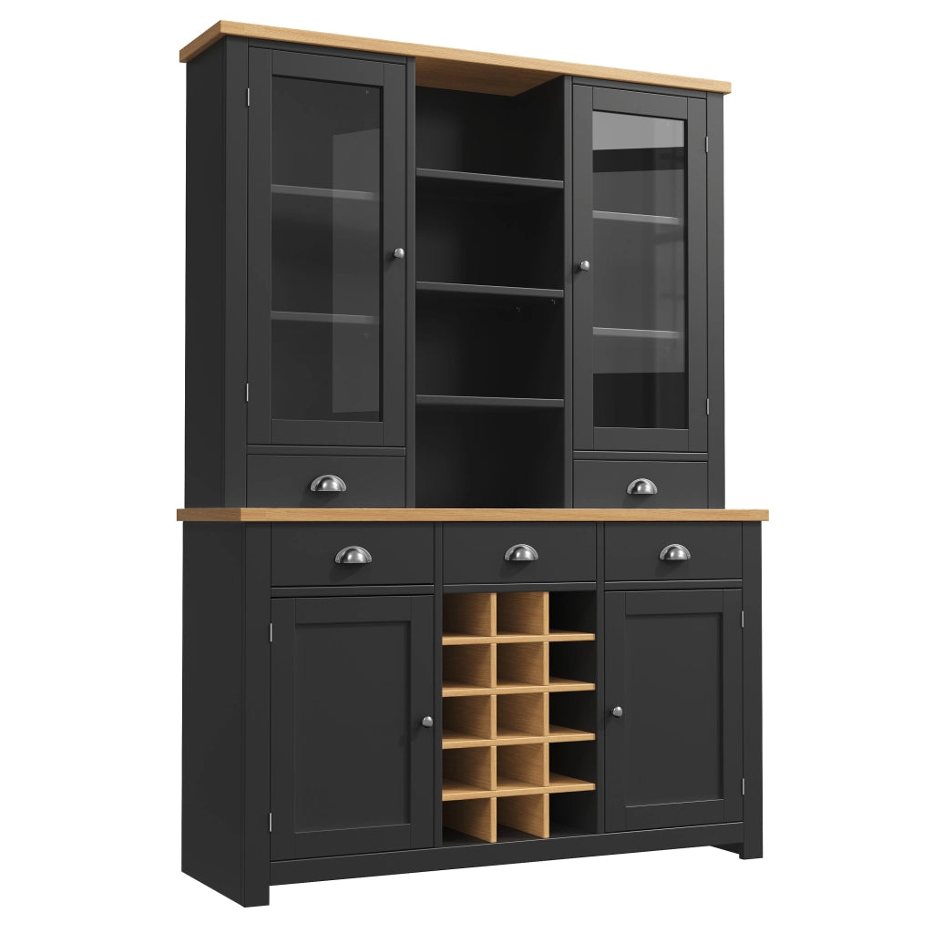 Credenza alta con vetrina 5 cassetti ripiano regolabile soft-close e portabottiglie estraibile per cucina e soggiorno