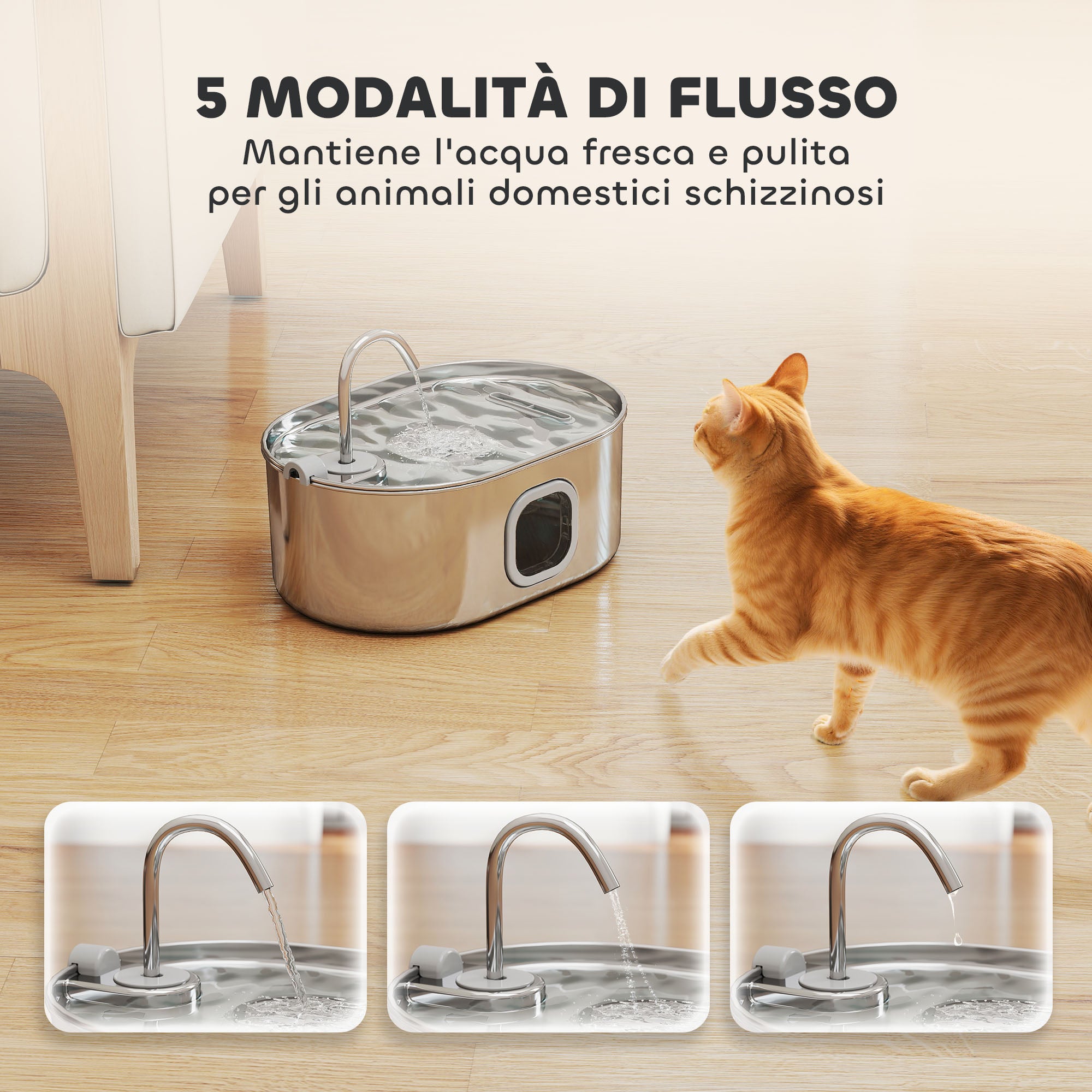 Fontanella per Gatti 32x22,1x22,3 cm Capacità 7L con Luce LED Filtri e Spazzola per Pulizia in Acciaio Argento