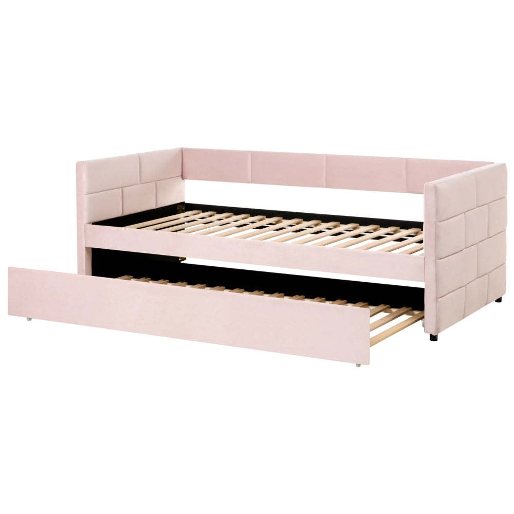 Letto a scomparsa 90 x 200 cm rivestito in velluto rosa, rete a doghe, letto da giorno con cuciture in stile glamour.
