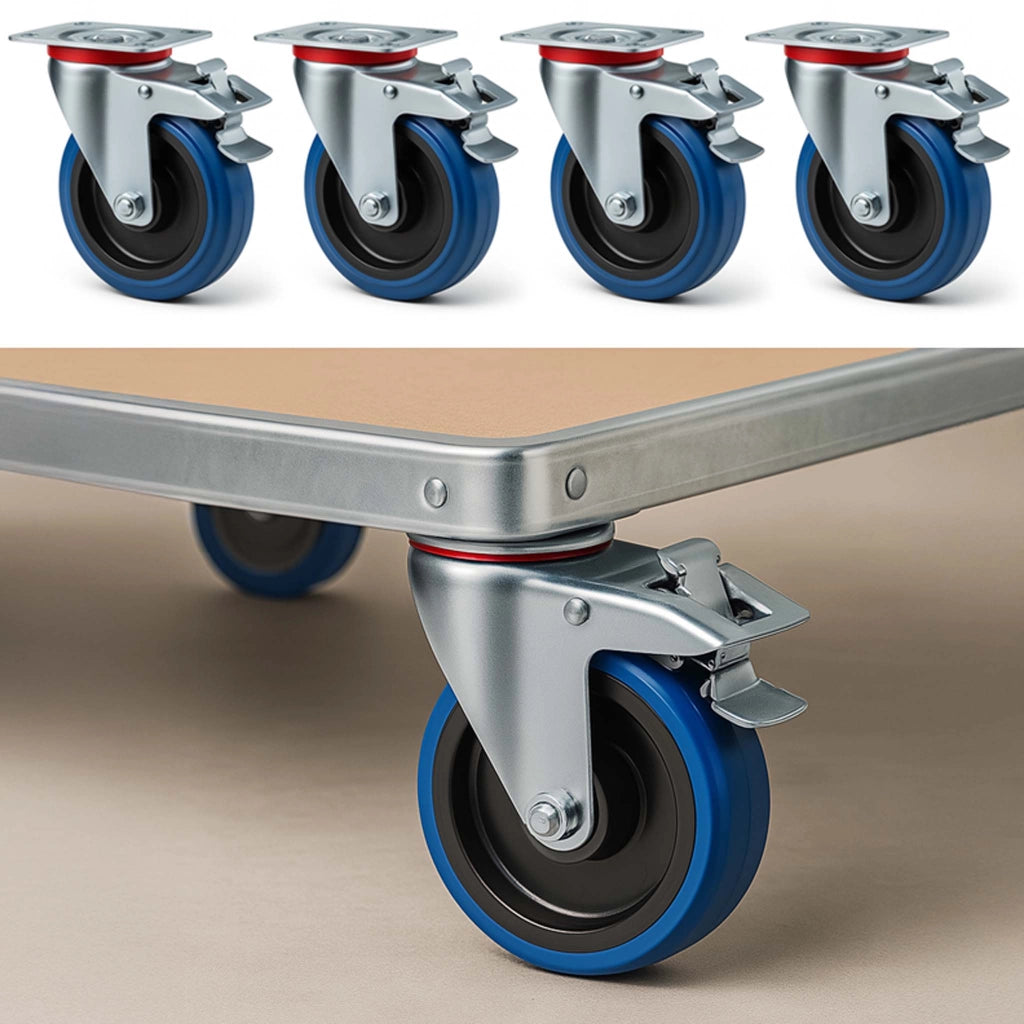 Set 4 ruote girevoli con freno, per trasporto, 200mm, plastica e gomma, max 350 kg a rotella