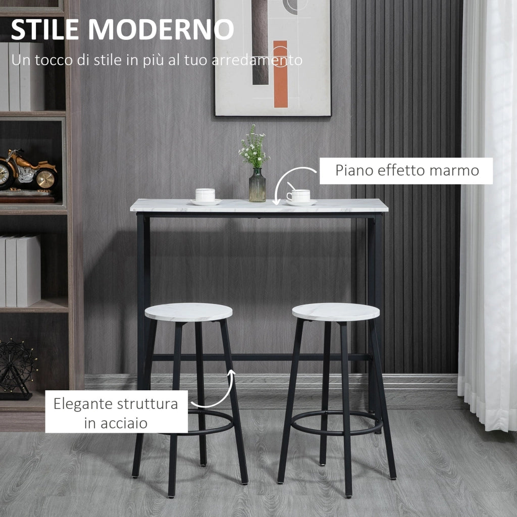 Set Tavolo con 2 Sgabelli in Truciolato MDF e Acciaio Bianco e Nero